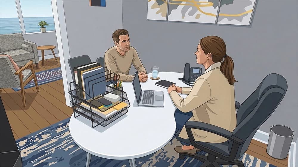 Illustration of an adult meeting with a counselor at a table in an office