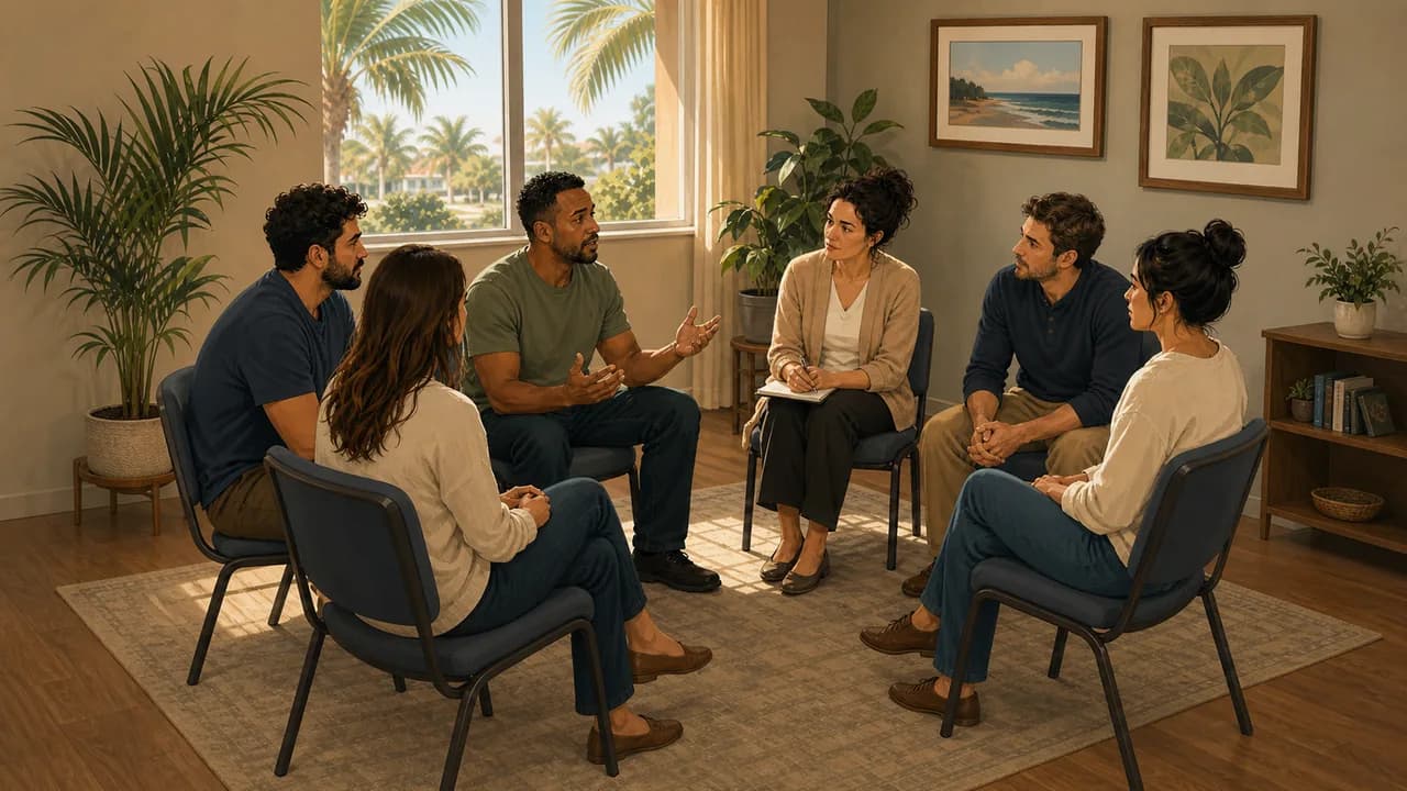 Five adults and a facilitator take part in a respectful small-group conversation