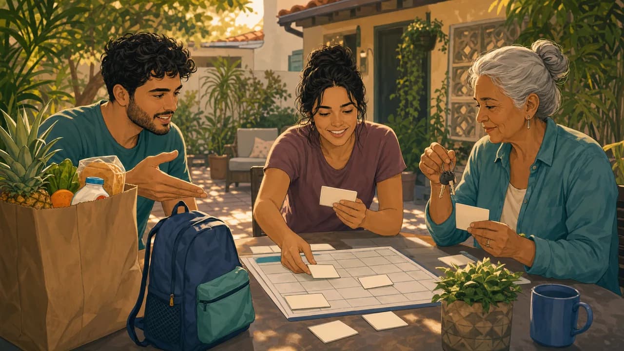 Three adults assign household tasks on blank cards at a shaded West Palm Beach courtyard table