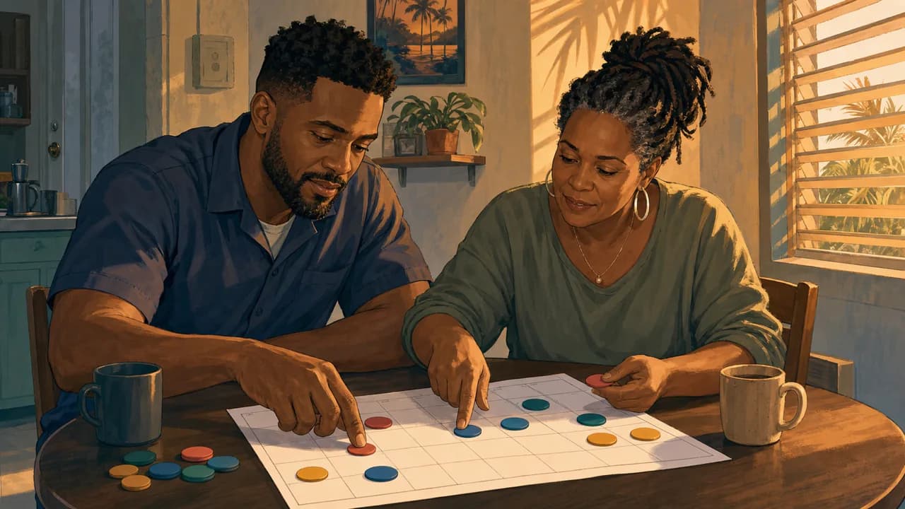 A working adult and his sister arrange colored schedule markers on a blank weekly calendar at a breakfast table