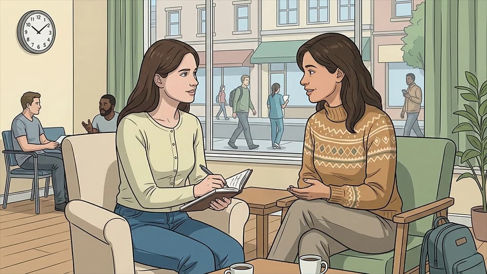 Illustration of two women discussing treatment options with a notebook