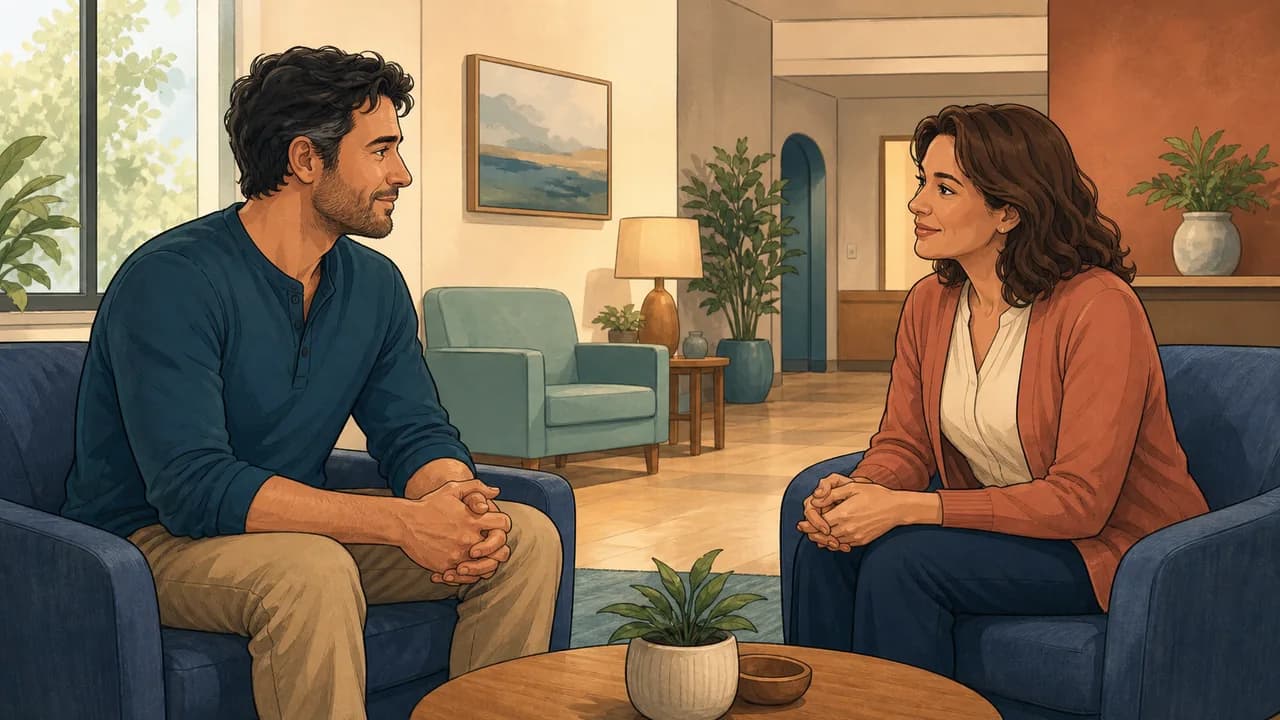 An adult speaks with an admissions professional in a calm outpatient treatment setting