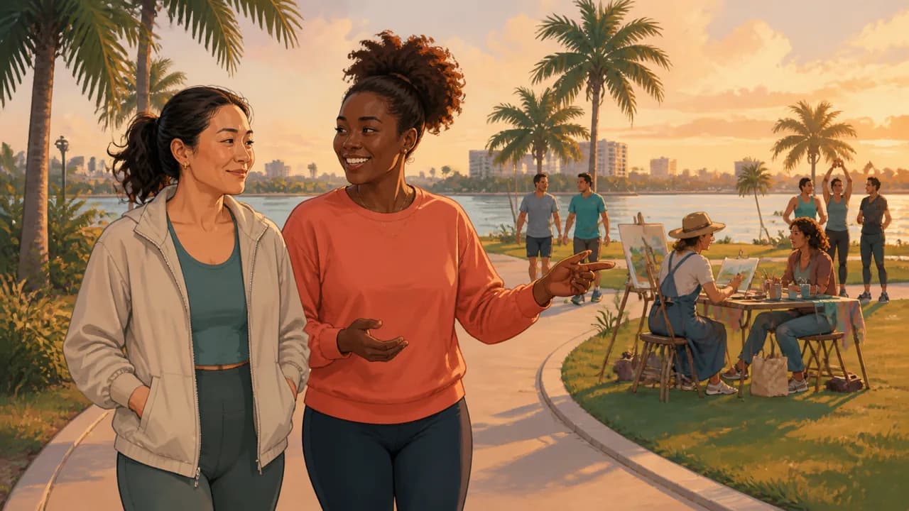 Two friends walk beside the West Palm Beach waterfront while a community art group meets nearby