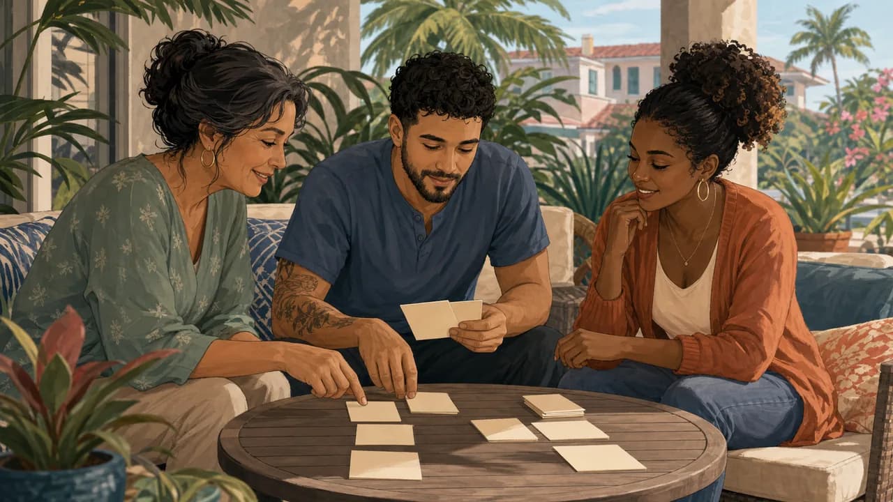 Three family members calmly sort blank budget cards at a shaded West Palm Beach patio table