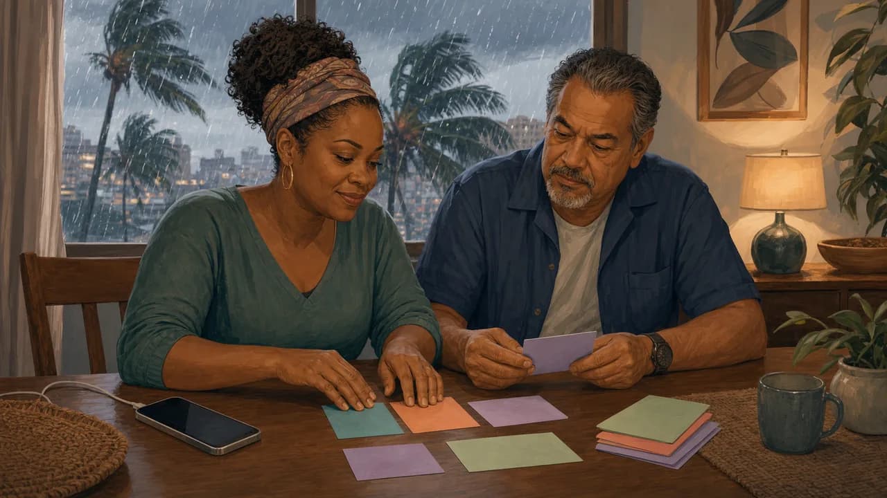 Two adults review a blank storm-day calendar beside a rain-streaked window