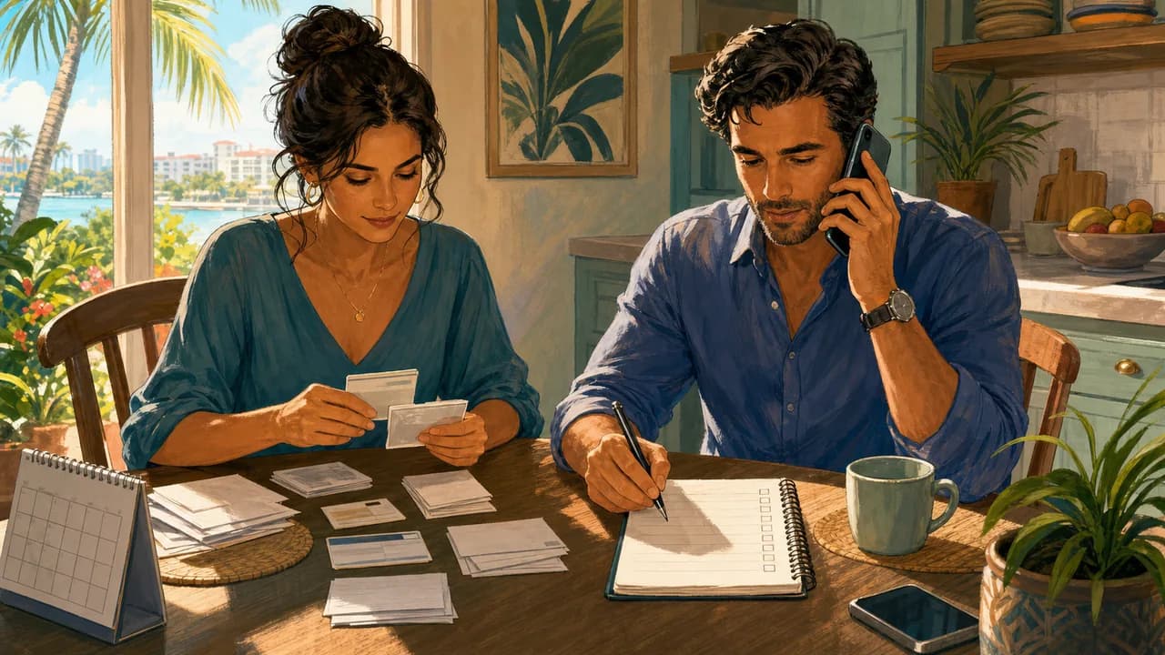 Two adults organize an insurance card, blank note sheet, and calendar during a calm West Palm Beach planning call