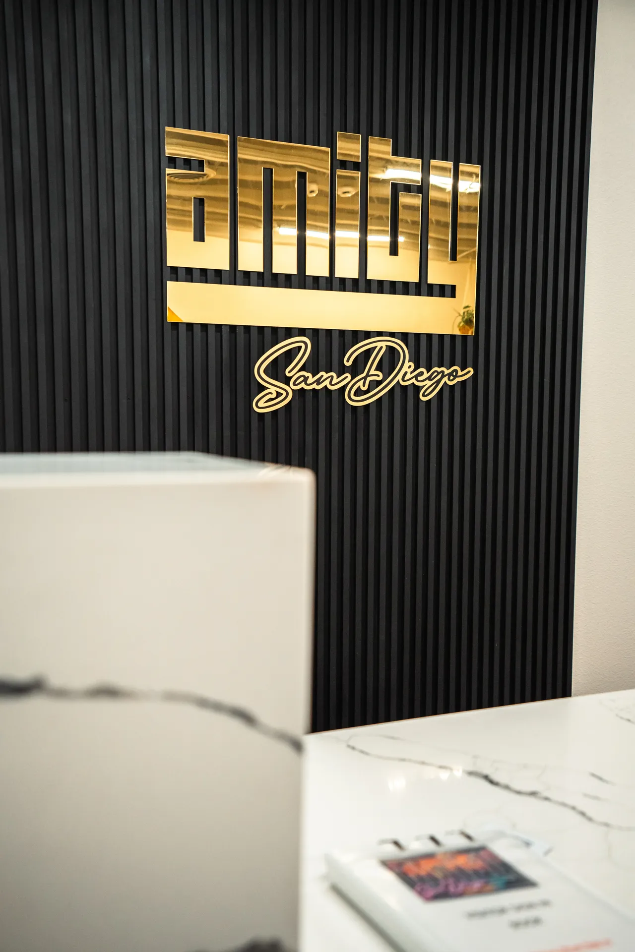 Amity San Diego sign behind a reception counter