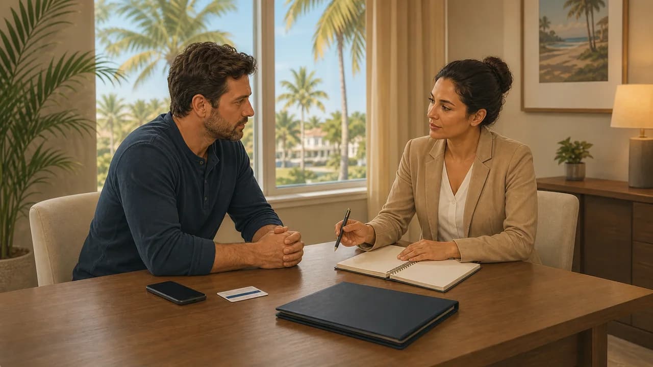 An adult reviews addiction treatment insurance questions with an admissions professional in West Palm Beach