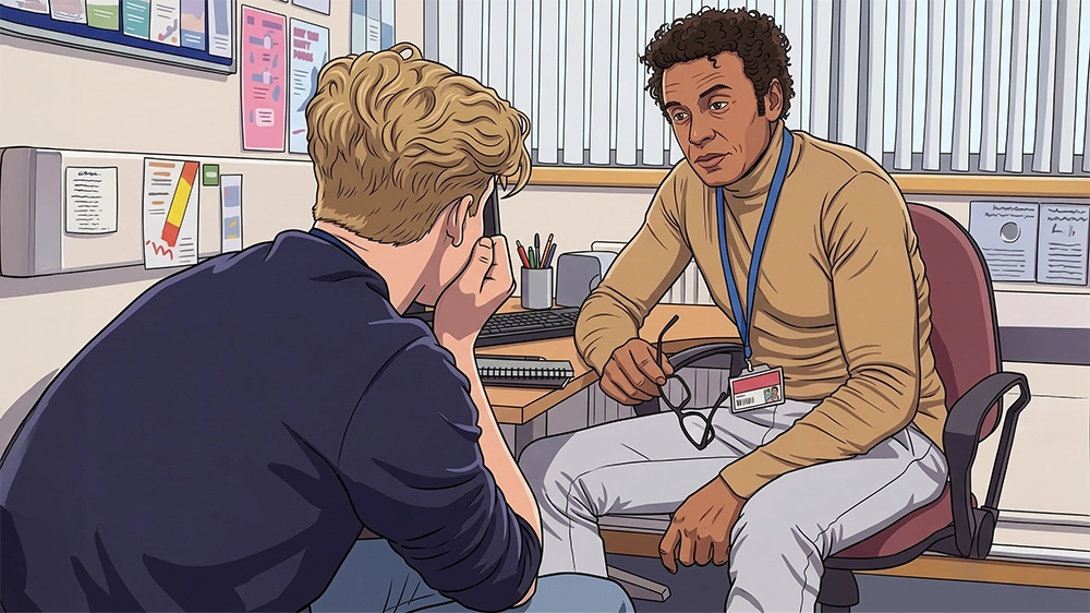 Courtyard arch with tropical foliage and soft shadow patterns at a dual diagnosis treatment center