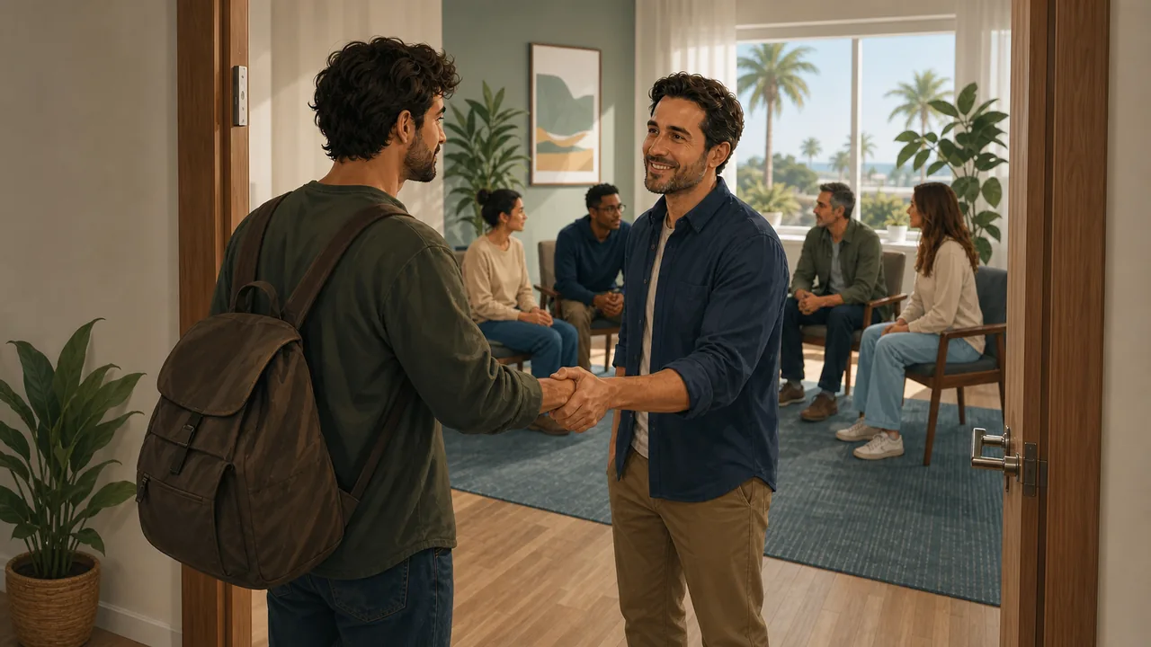 A facilitator welcomes an adult into a calm group room while other participants prepare for the session