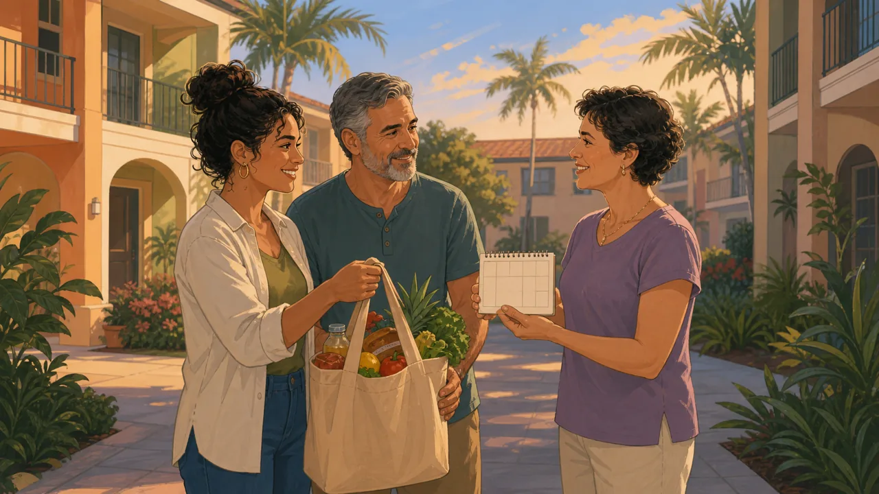 Two family members place blank task cards beside a weekly calendar while a neighbor confirms a pickup time