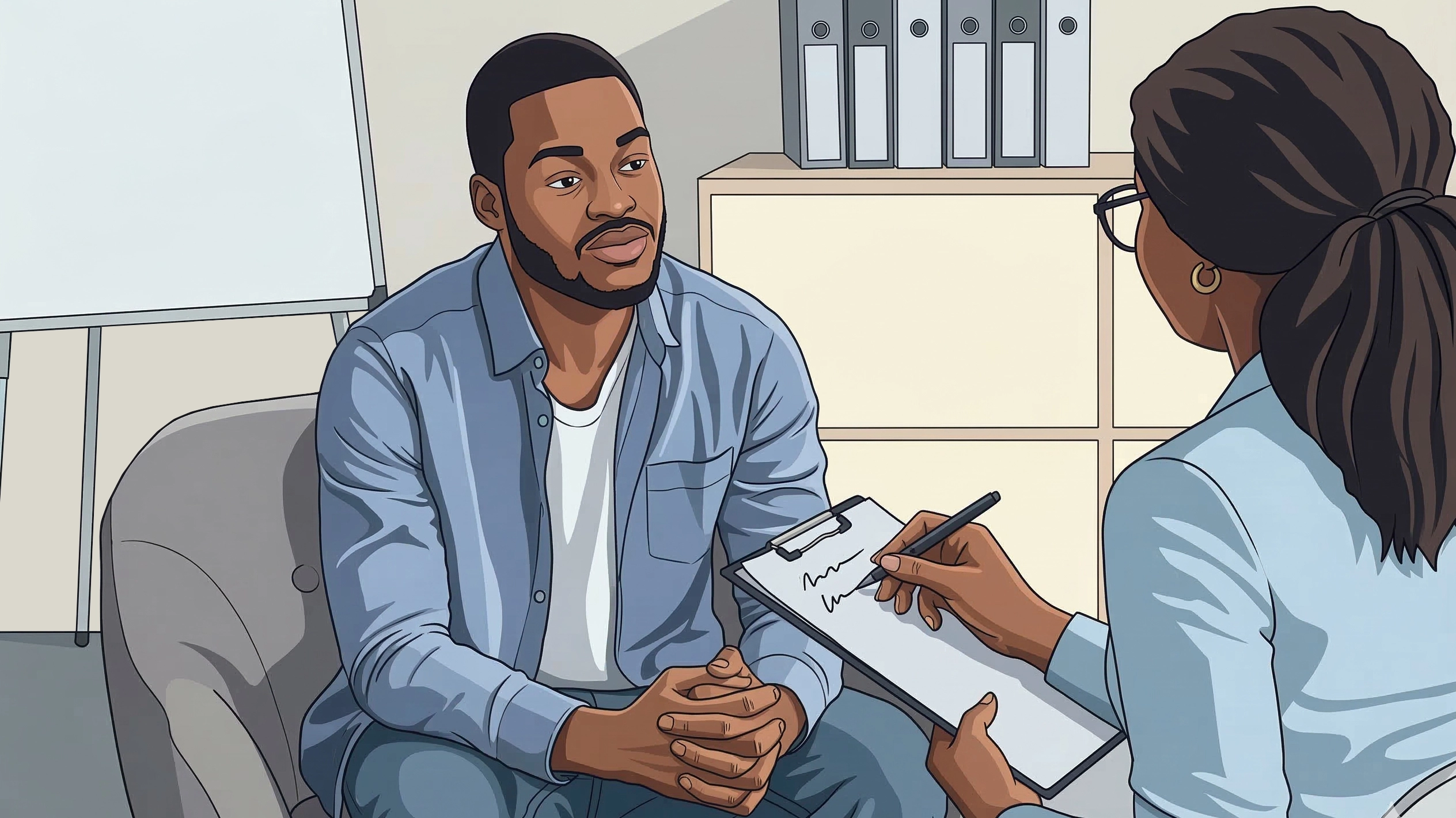 A therapist and patient discussing integrated dual diagnosis treatment approaches