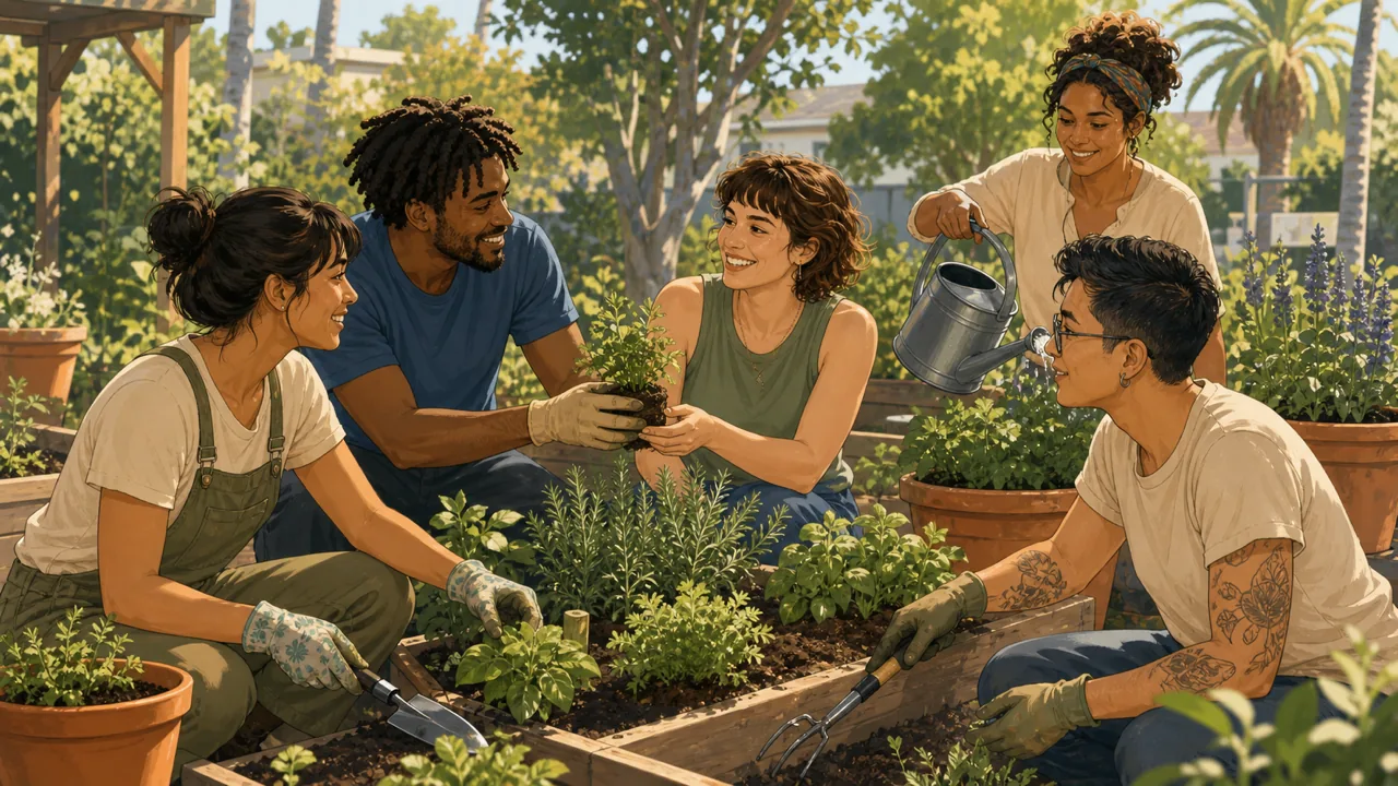 Five adults plant herbs together in a sunny community garden