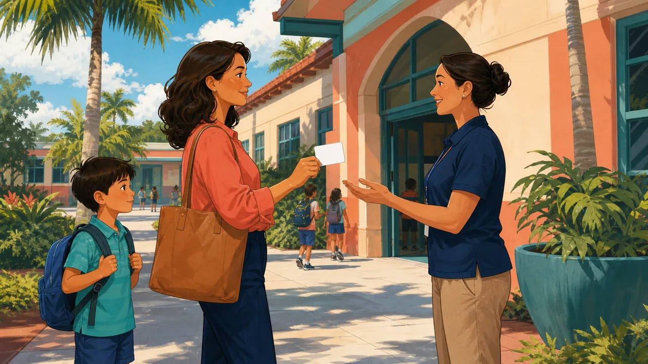 A trusted adult checks a neutral weekly pickup calendar while a parent places an identification card beside a child’s backpack