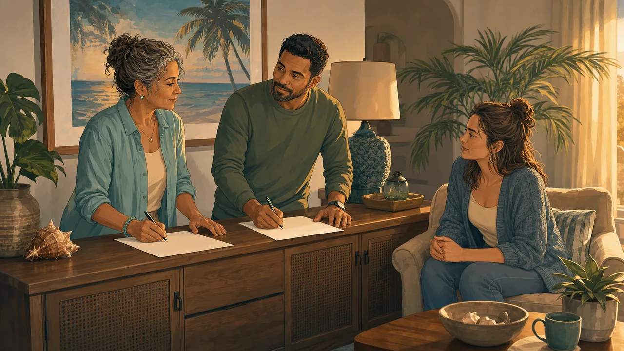 Two relatives write separate help and not-available lists while a third family member listens