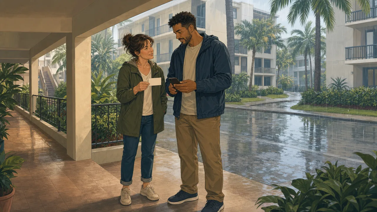 Two neighbors compare a blank contact card under a covered apartment walkway during rain