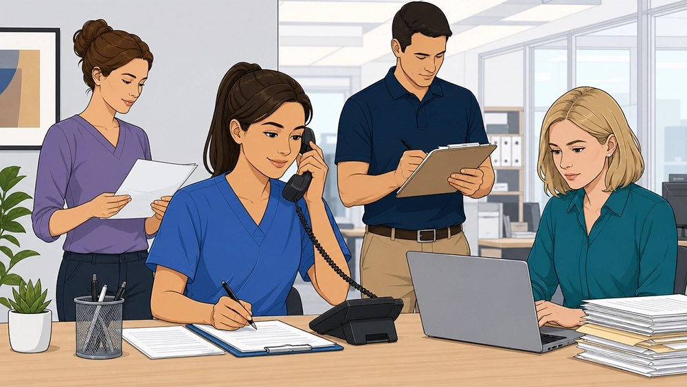 A calm admissions workspace with notes and phone for an insurance verification follow-up call