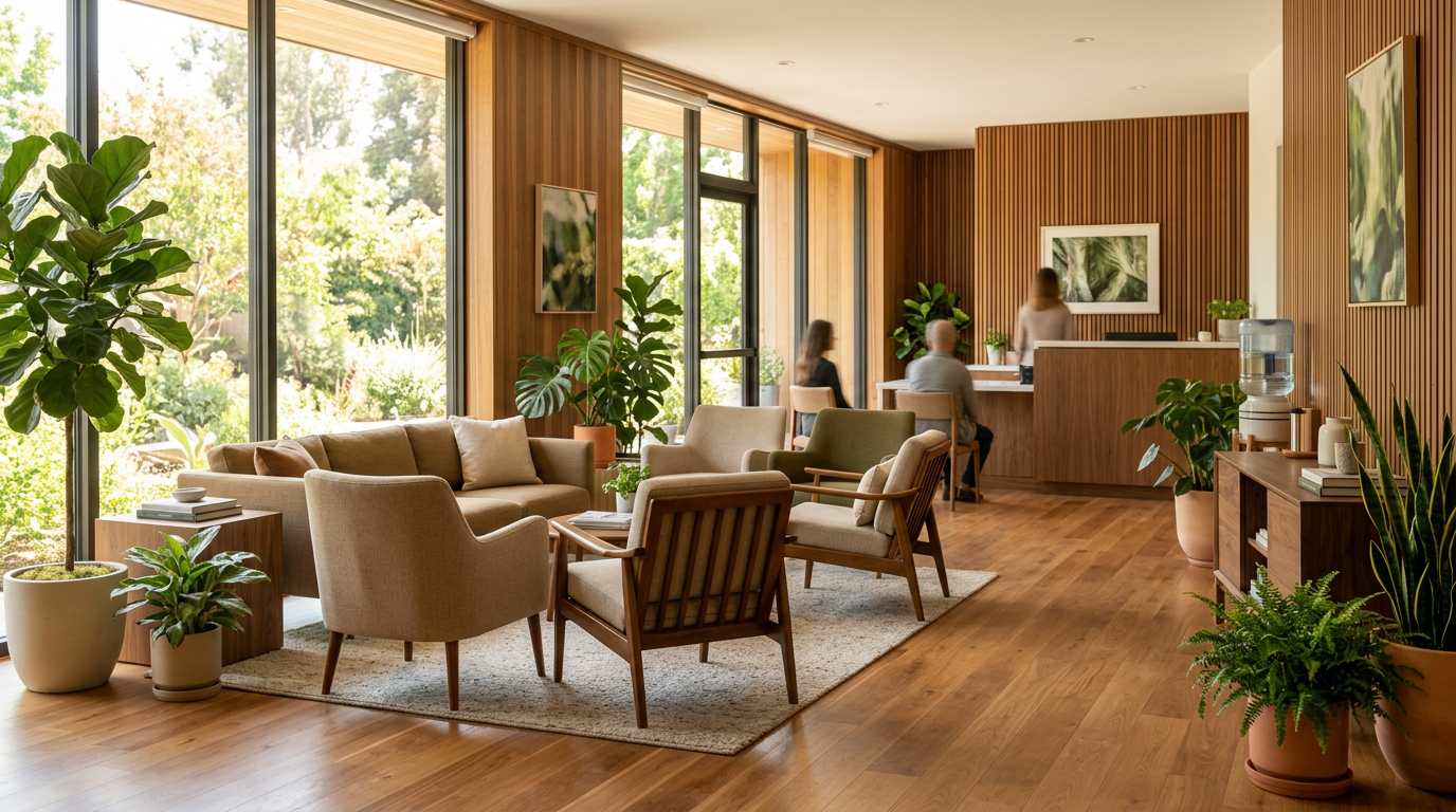 Welcoming modern clinical lobby with warm wood tones, natural light, and green plants