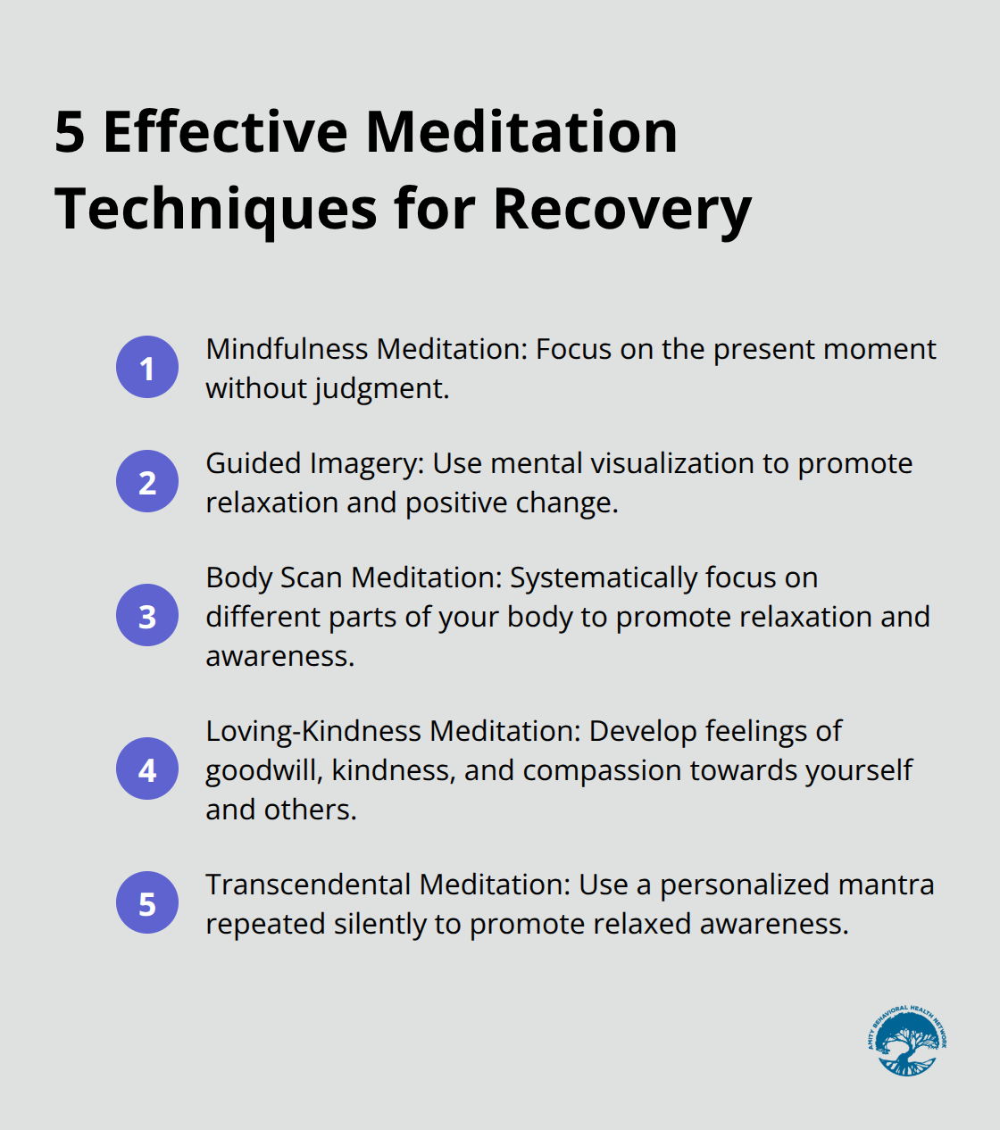An ordered list chart showing five effective meditation techniques for addiction recovery: Mindfulness Meditation, Guided Imagery, Body Scan Meditation, Loving-Kindness Meditation, and Transcendental Meditation. - does meditation help with addiction