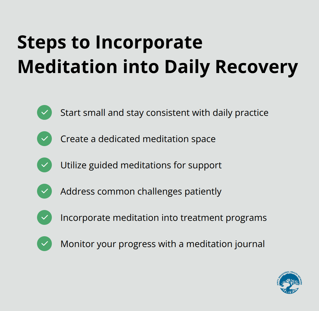 A checkmark list chart showing six steps to incorporate meditation into daily recovery: Start small, create a dedicated space, use guided meditations, address challenges, incorporate into treatment, and monitor progress.