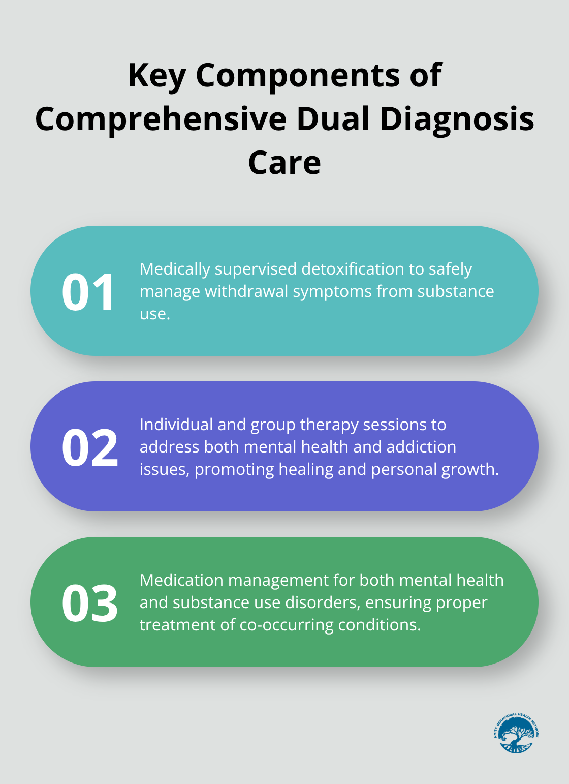 Ordered list chart showing five key components of comprehensive dual diagnosis care: medically supervised detoxification, individual and group therapy sessions, medication management, holistic therapies, and life skills training and relapse prevention education. - dual diagnosis inpatient treatment