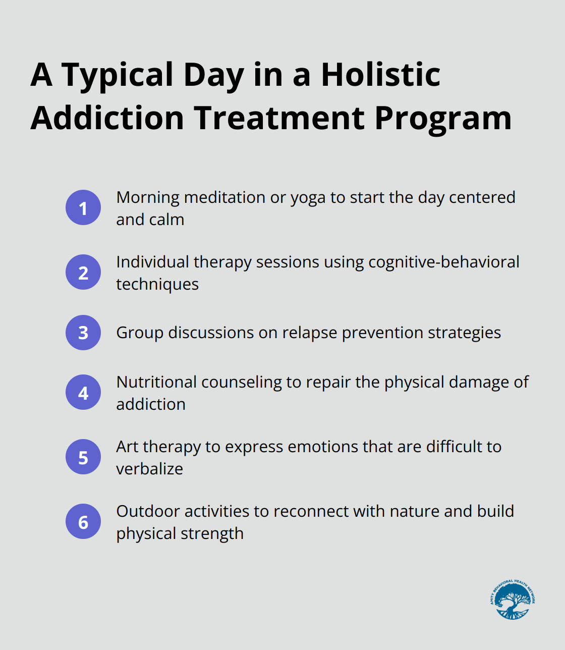 Ordered list showing six activities in a typical day of holistic addiction treatment: morning meditation, individual therapy, group discussions, nutritional counseling, art therapy, and outdoor activities.