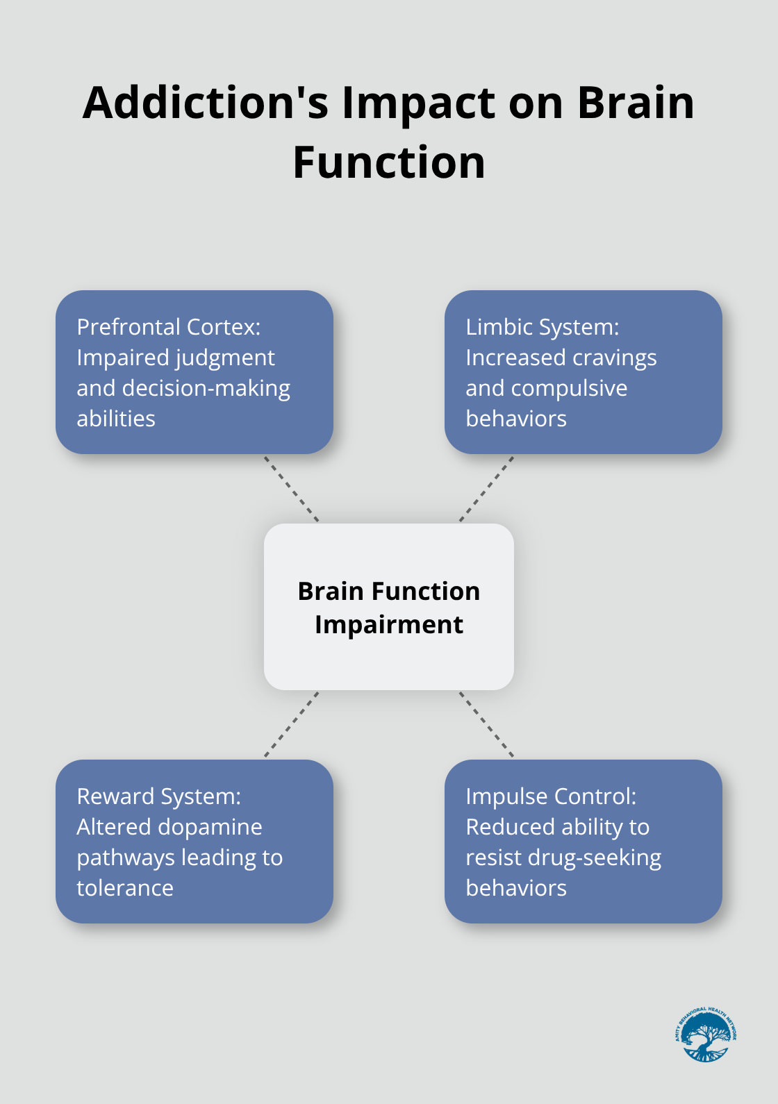 Hub and spoke chart showing how addiction impairs various aspects of brain function - how to help someone recover from addiction