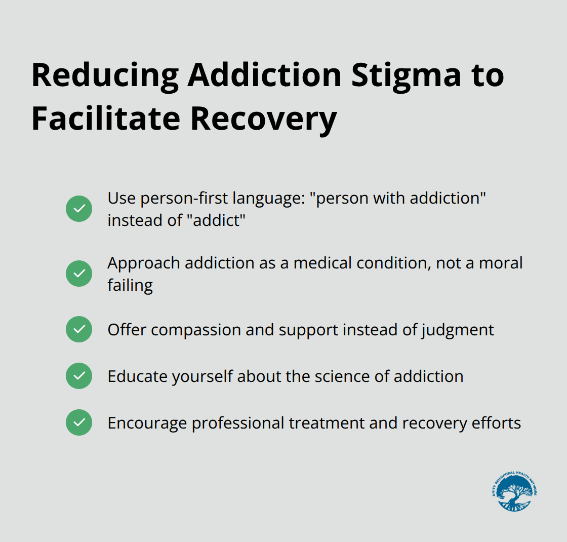 Checkmark list of ways to reduce addiction stigma and support recovery