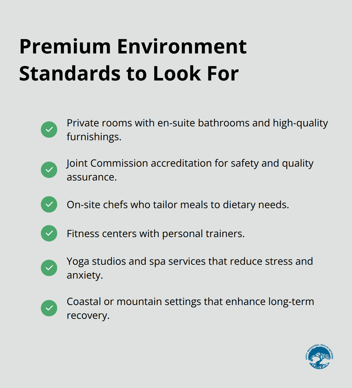 Checklist of luxury dual diagnosis facility amenities and quality markers - luxury dual diagnosis treatment centers
