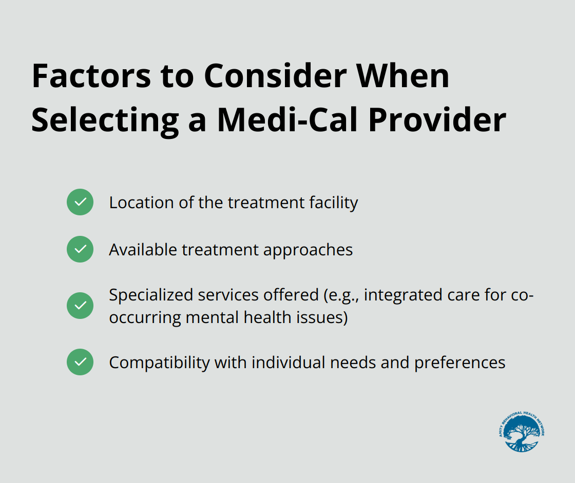 Checkmark list showing key factors to consider when selecting a Medi-Cal provider for substance abuse treatment - medi-cal substance abuse treatment