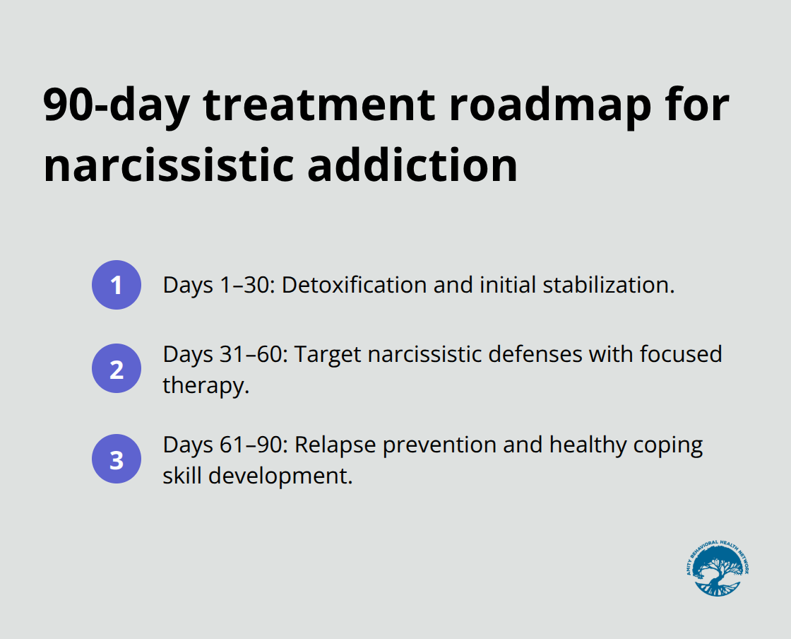 Three-phase timeline from detox to relapse prevention over a 90-day program.