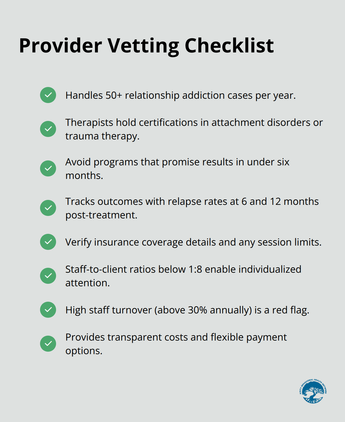 Checklist of key questions and benchmarks for choosing a relationship addiction treatment provider.