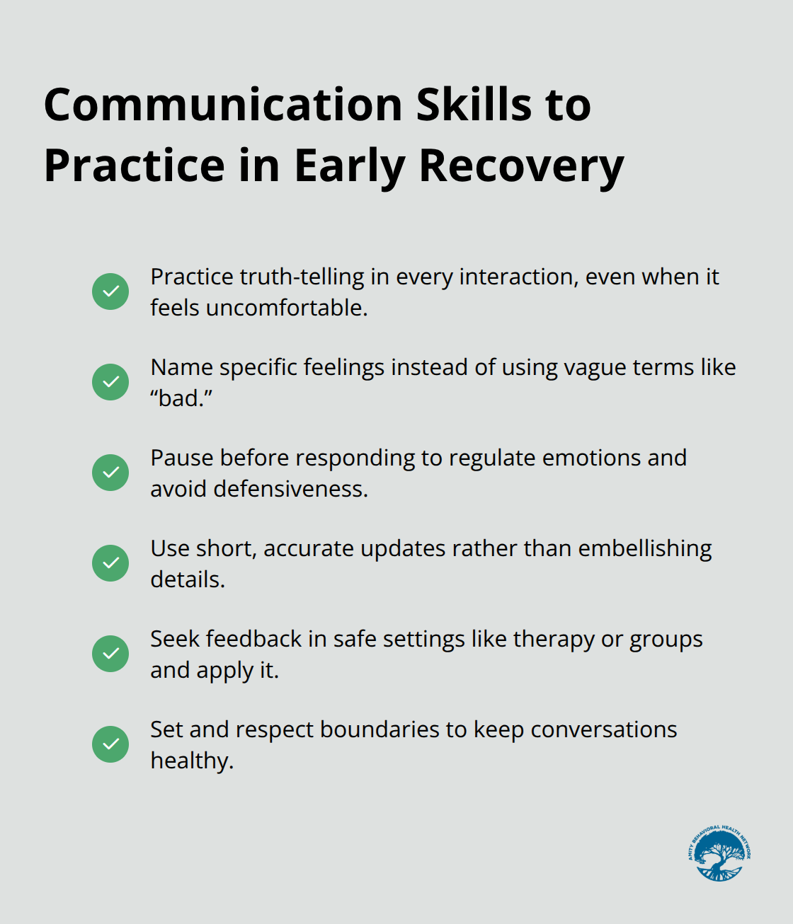 Checklist of actionable communication habits for people rebuilding relationships after addiction