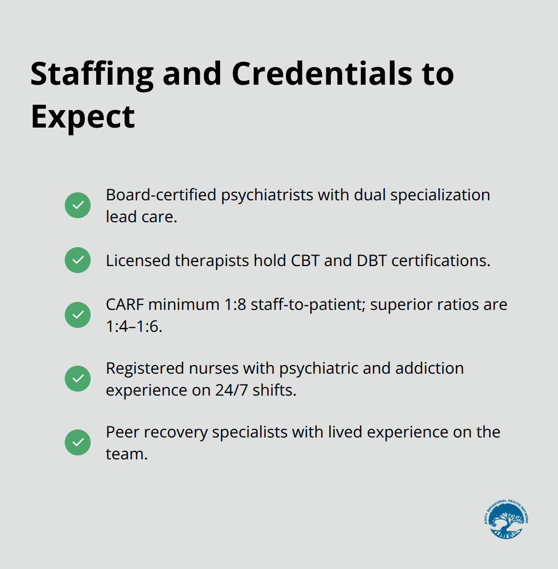 Checklist of essential staffing qualifications and ratios at dual diagnosis centers - residential dual diagnosis treatment centers