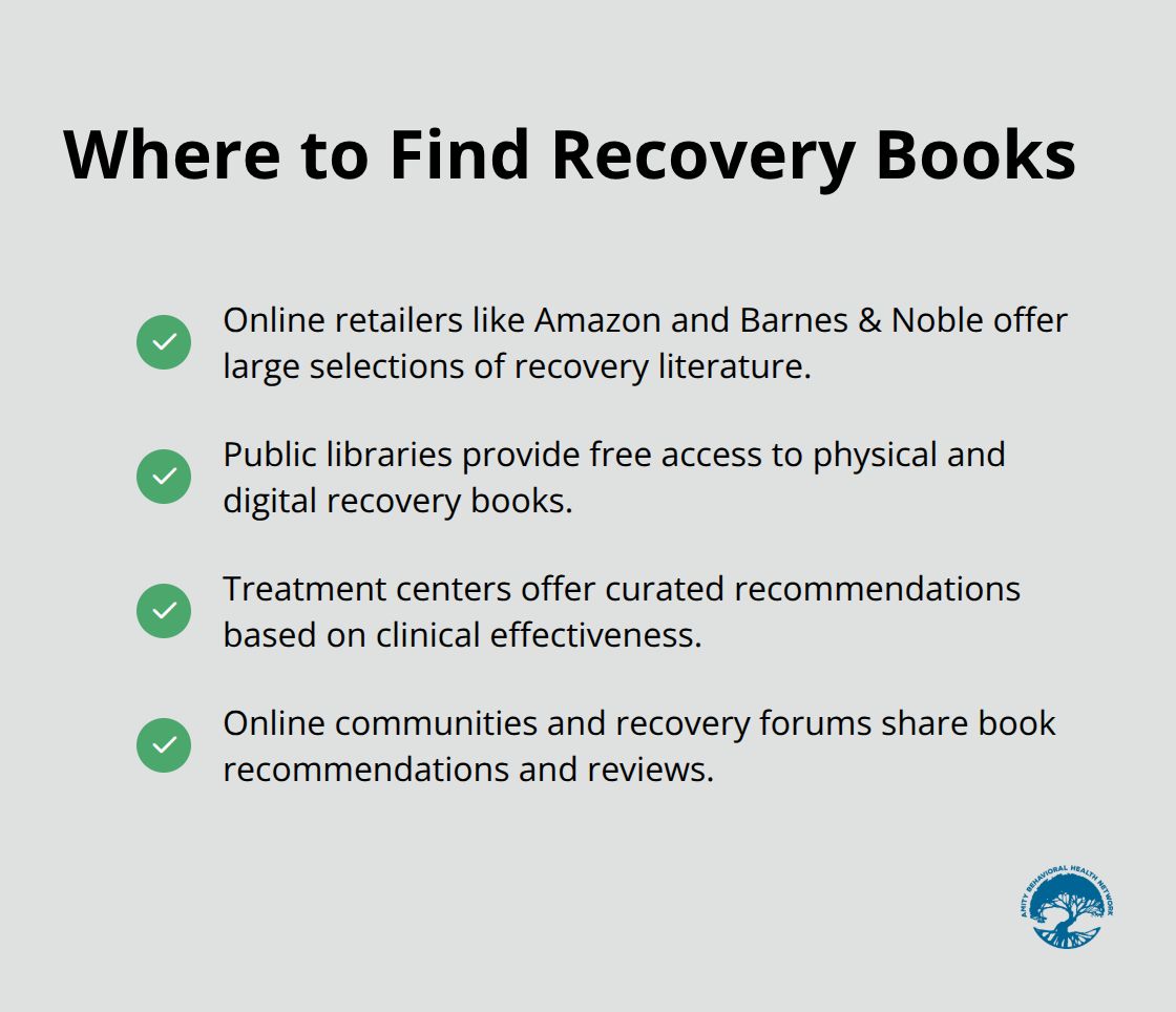 Checkmark list showing various sources for finding recovery books, including online retailers, public libraries, treatment centers, and online communities. - self help books alcohol addiction