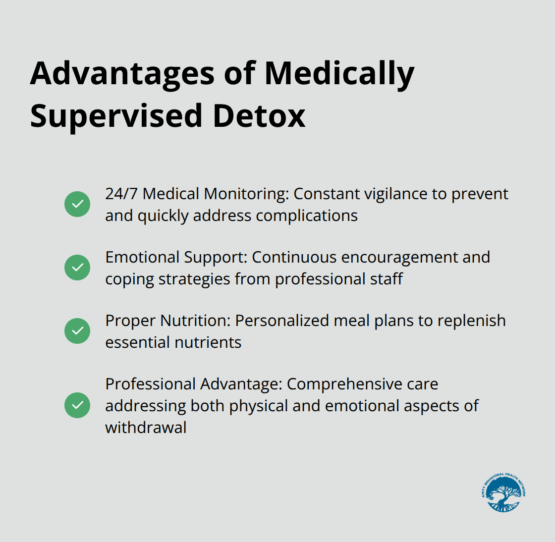 Checkmark list showing four key advantages of medically supervised detox over DIY detox - substance abuse detoxification