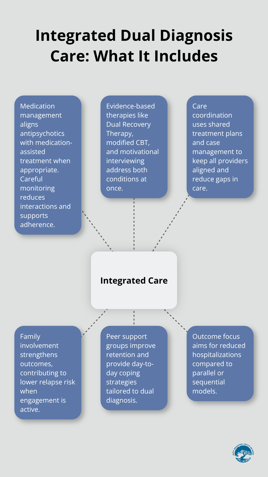 Infographic showing the core components of integrated dual diagnosis care for schizophrenia and addiction. - substance abuse schizophrenia