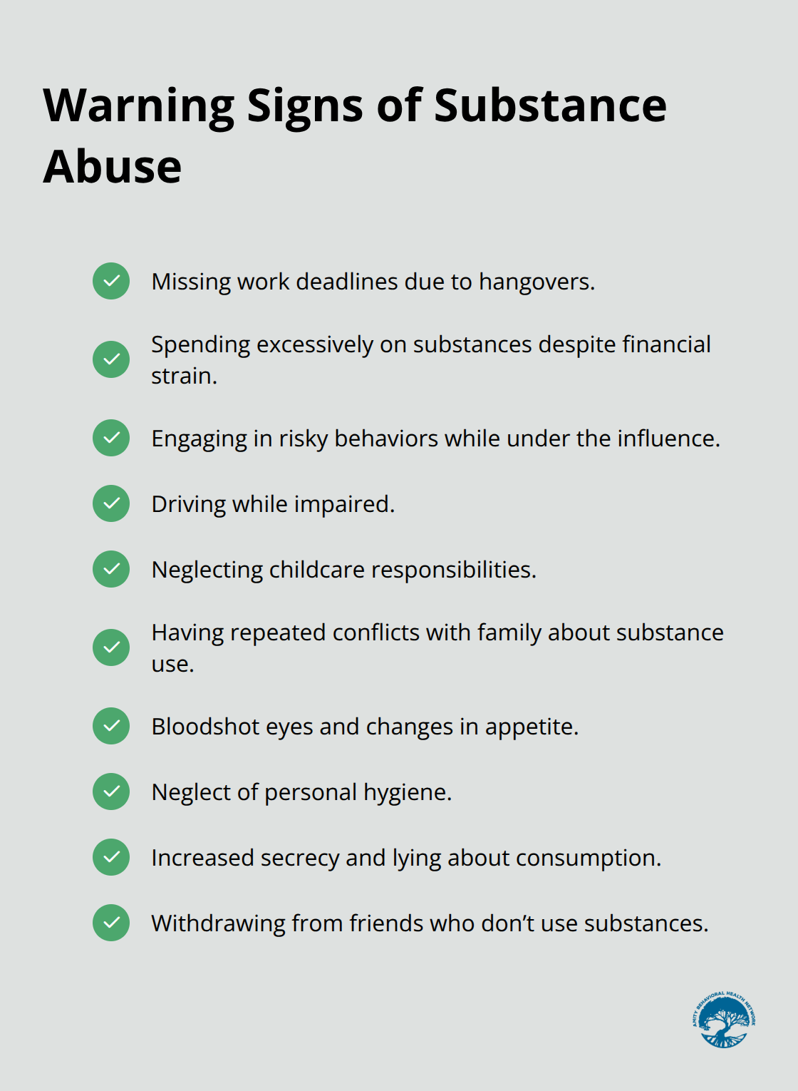Key behavioral and physical warning signs that signal substance abuse. - substance abuse versus addiction