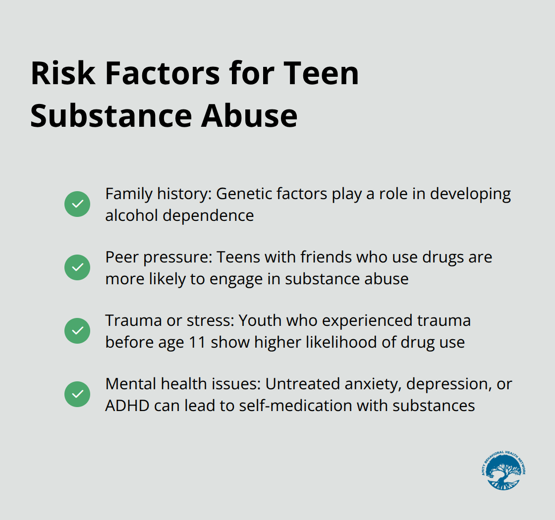 Checkmark list showing four key risk factors for teen substance abuse: family history, peer pressure, trauma or stress, and mental health issues - teenage substance abuse statistics