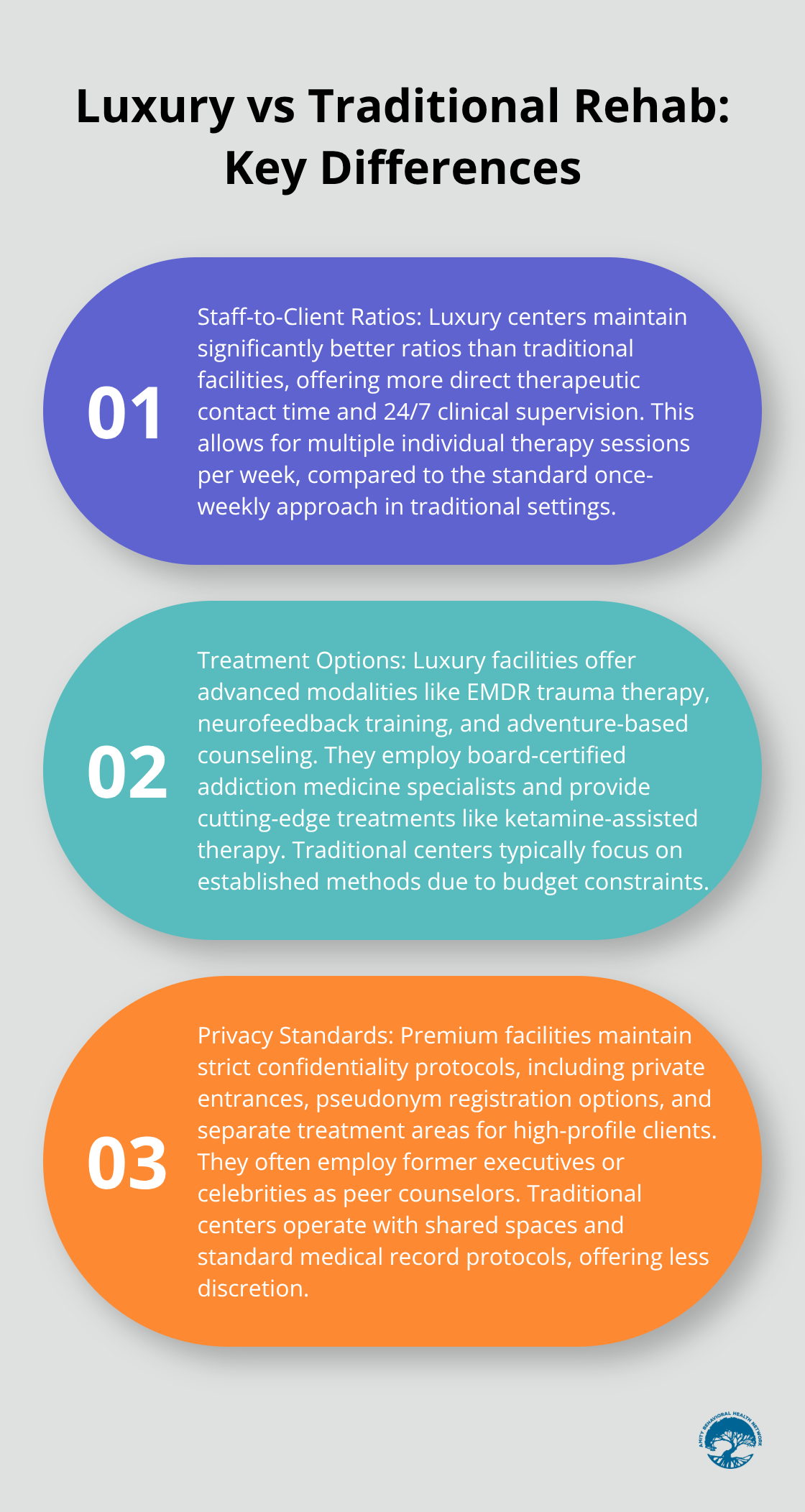 Ordered list chart comparing luxury and traditional rehab centers in terms of staff-to-client ratios, treatment options, and privacy standards
